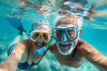 Underwater senior couple wearing snorkel masks, embracing a fun and adventurous activity.
