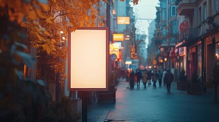 Blank Billboard on City Street at Dusk. A blank, vertical billboard stands prominently on a bustling city street at dusk.