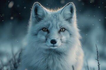 Obraz premium arctic fox hunting in pristine snowy landscape under aurora borealis ethereal green lights dancing in dark sky