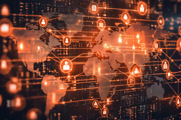 digital representation of global network with interconnected nodes, showcasing data flow and communication across world map. vibrant orange tones create dynamic and engaging visual
