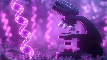 An animated macro image of DNA and a close-up of a microscope against a background of lab apparatus. The concept of innovative medical technology