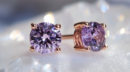 Fototapeta premium Elegant Rose Gold Earrings with Purple Gemstones on Shimmering Background