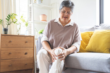 Body arthritis muscles stiff problem, aged woman suffering on leg, pain knee from disease chronic,...