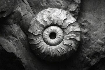 Ancient ammonite fossil, spiraled shell resting on dark, rough stones.  A testament to time.