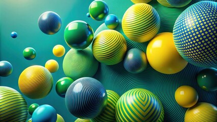Fototapeta premium Abstract Sphere Composition Vibrant Yellow and Green Spheres with Varied Textures and Patterns on Teal Background