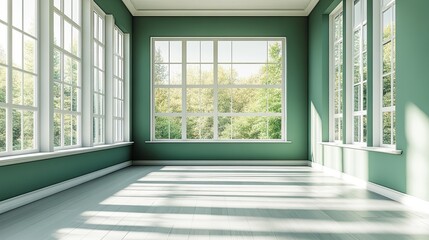 Empty room with white and green walls, spacious, with natural light streaming through large windows. --