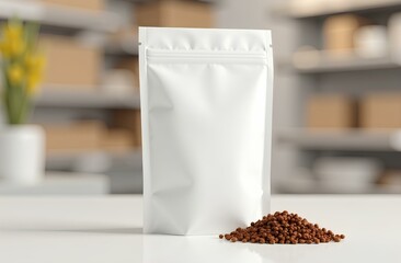 Pet Food Product Blank Paper Bag Package. Foil Pouch Packaging Eatery Pet Food For Feeding Domestic Animal Dog Or Cat. Snack Sachet Pack Zoo Store Mockup 
