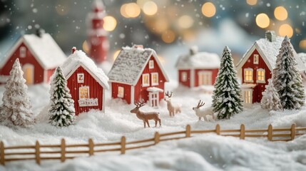 Fototapeta premium Snowy Scandinavian village scene with red houses, wooden fences, and reindeer figurines