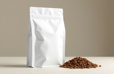 Pet Food Product Blank Paper Bag Package. Foil Pouch Packaging Eatery Pet Food For Feeding Domestic Animal Dog Or Cat. Snack Sachet Pack Zoo Store Mockup 