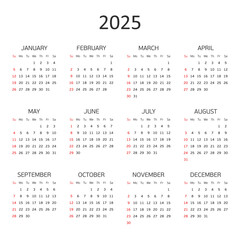 Calendar template for 2025 year. Week starts from Sunday. Simple calendar Layout for your project. Minimalistic style.