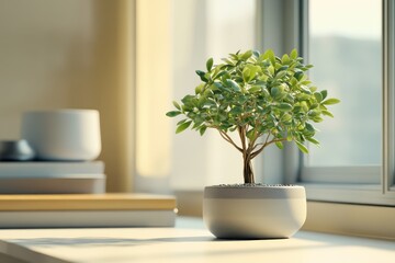 A serene workspace with a jade plant in a modern pot and simple decorative touches