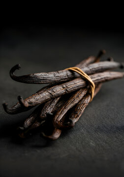 A natural and rustic close-up of vanilla pods, arranged together to highlight their rich, rugged textures and earthy tones. The composition is illuminated by directional warm white lighting.