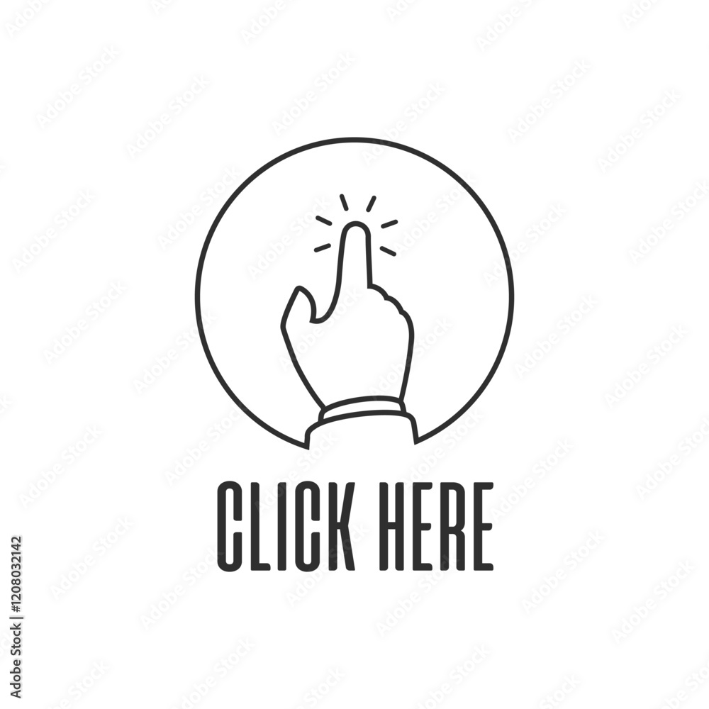 Poster click here the button. hand sign with touching a buttons or pointing finger. hands cursor icon.