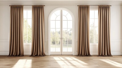 3D white room mock-up with window, brown curtains, and wooden floor, empty and versatile. --