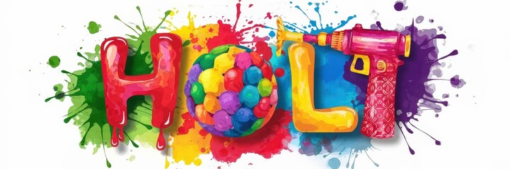 Obraz premium Holi Artistic Watercolor Illustration with Water Guns and Splashes