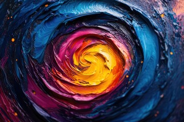 A vibrant, swirling abstract painting in shades of blue, purple, and yellow, reminiscent of a cosmic nebula.
