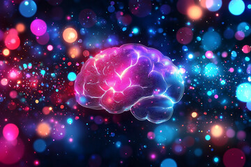 Fototapeta premium vibrant human brain with glowing neural pathways surrounded by colorful bokeh lights, representing creativity and intelligence in digital universe