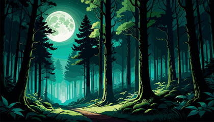 Fototapeta premium Mystical Forest Path Illuminated by Full Moon