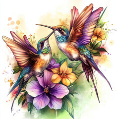 Fototapeta premium Two colorful hummingbirds surrounded by vivid flowers in a detailed artistic illustration. 