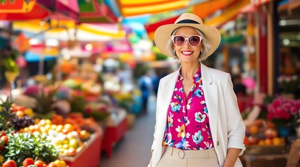 Naklejka premium Older female tourist exploring a vibrant open-air market in Barcelona, surrounded by colorful produce and lively atmosphere (Travel) (Aging)