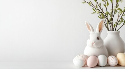 Obraz premium Decorated Easter eggs and a white bunny next to a vase of greenery create a festive spring atmosphere for celebrating the holiday