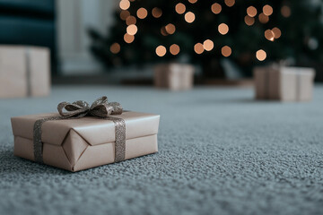 Mockup photo with space for text giftbox holiday present box with colorful ribbon bow, Generative AI