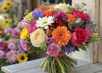 A large bouquet of multicolored flowers of different species