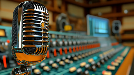 Audio editing technology is demonstrated in this close-up of a professional microphone and audio waveform on a computer screen in a podcasting studio.