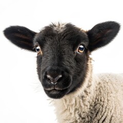 Close-up Portrait of a Black-faced Lamb, White Background, Cute Animal Photography, Sheep, Farm Animal Sheep, Lamb