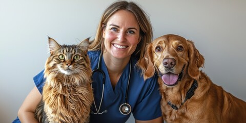 Caring veterinarian with cat and dog in veterinary clinic setting