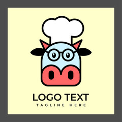 A cartoon-style cow's head wearing a chef's hat and glasses. The cow has a light blue face, pink snout, and black ears