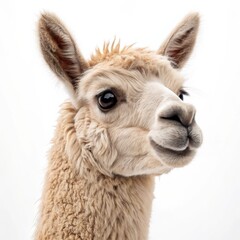 Obraz premium Close-up Portrait of a Beige Alpaca, Fluffy Texture, White Background, Animal Photography, Alpaca Portrait Alpaca, Camelid