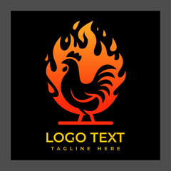 A stylized black silhouette of a rooster in the center, surrounded by flames in shades of orange and yellow