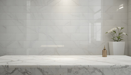 Elegant White Marble Countertop with Tile Backsplash and Flowers Modern Bathroom Design