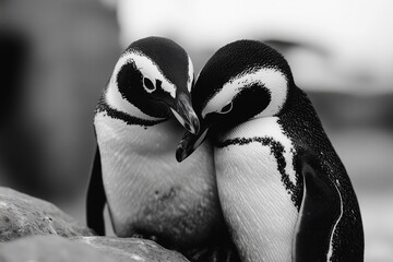 Naklejka premium Monochromatic Penguin Pair: A Tender Embrace in Nature's Realm - Exquisite Wildlife Photography