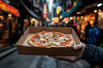 Close-up of a delicious pizza in a cardboard box held by a person on a blurred street market background. Urban food scene with bokeh lights.