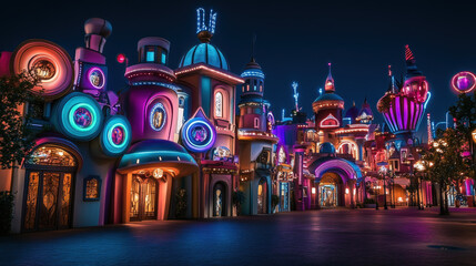 Fototapeta premium Eine futuristische Stadt mit extravaganten, farbenfrohen Gebäuden, leuchtenden Dekorationen und übergroßen Ornamenten. Die Szene ist hell erleuchtet und hat eine lebendige, futuristische Atmosphäre