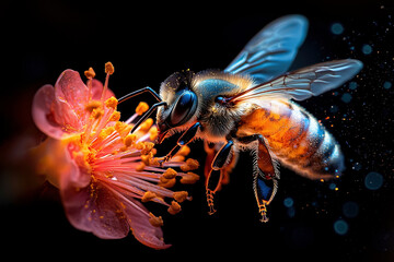 Fototapeta premium Bee in Flight Pollinating a Pink Blossom: A Close-Up of Nature's Beauty