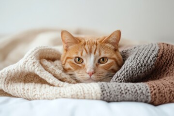 Cozy orange cat nestled in warm blanket on a bed, enjoying a peaceful moment indoors
