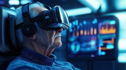 Elderly Person Enjoying a Virtual Reality Experience in a High-Tech Setting
