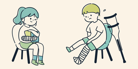 骨折してギプスを装着している子どもたちのシンプルでかわいいイラスト