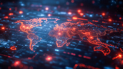 A glowing digital map of the world with highlighted business connections and networks
