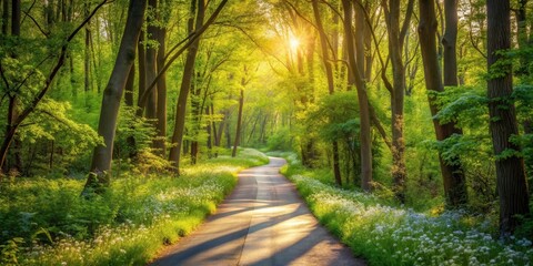 Naklejka premium Sunlit Path Through a Verdant Forest with Blooming Wildflowers