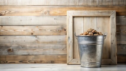 Rustic Still Life A Metal Bucket Filled with Small Brown Objects Against a Weathered Wooden Background