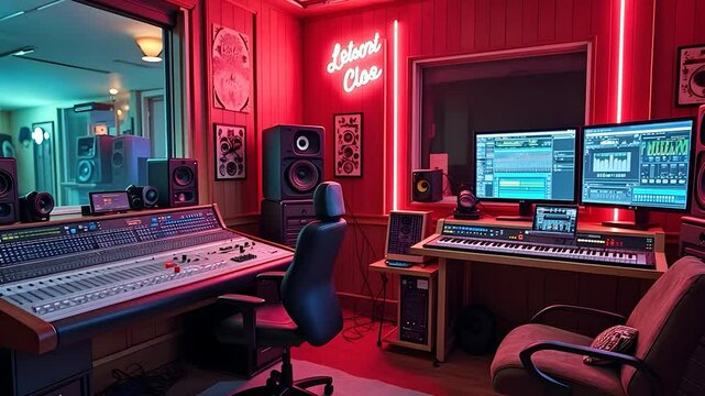 Interior of a professional recording studio with a mixing console, computer monitors, speakers, and red neon light