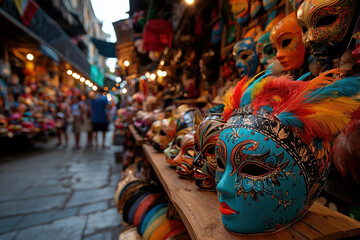 Fototapeta premium Vibrant Venetian Masks: A Cultural Celebration in Venice, Italy. Explore the artistry and tradition of these colorful, handmade souvenirs. Perfect for capturing the essence of Italian heritage