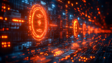 Obraz premium A futuristic digital concept featuring a glowing cryptocurrency symbol on a high-tech circuit board, symbolizing blockchain and fintech innovation