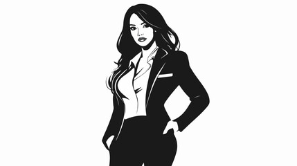 Fototapeta premium Black and white flat vector illustration of business woman. Office worker. Entrepreneur. Director. Beautiful woman.
