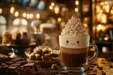 A Happy Cup of Hot Chocolate: Indulge in the rich aroma and creamy sweetness of this delightful hot chocolate topped with whipped cream and chocolate shavings in a cozy cafe setting.