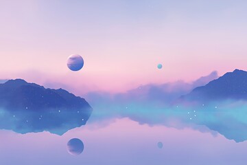 A celestial landscape with planets and stars floating in a dreamy haze